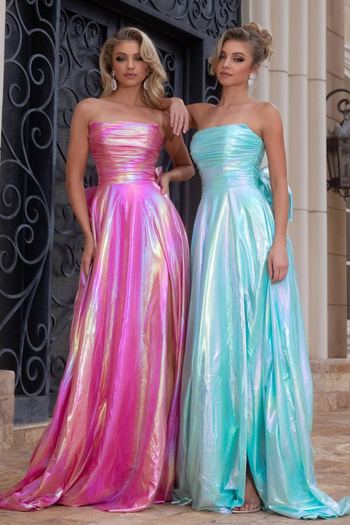 Portia & Scarlett Pink & Aqua Metallic Prom Dresses