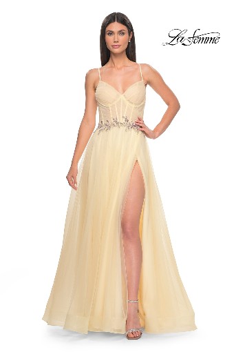 La Femme 32117 Embroidered Waist Tulle A-Line Gown #2 Pale Yellow thumbnail