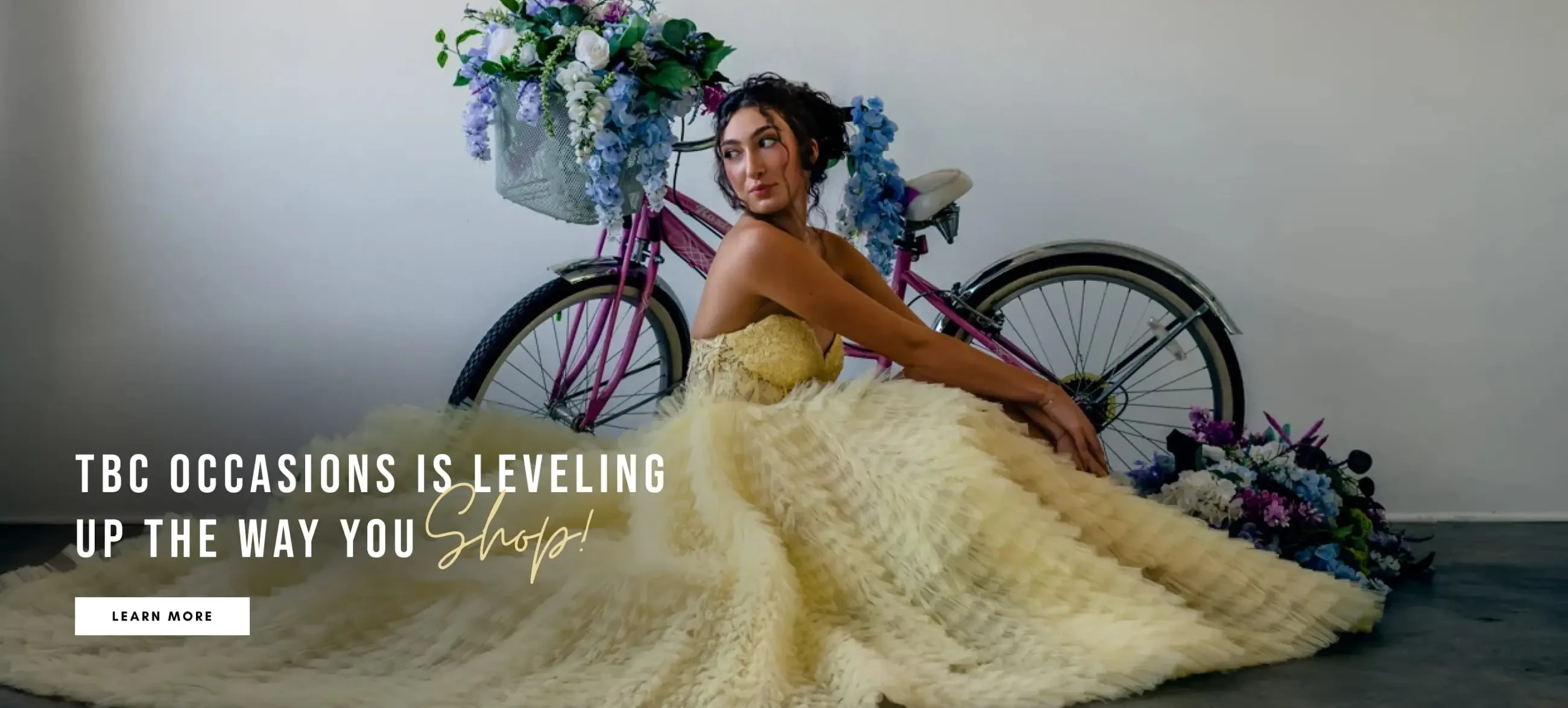Model wearing a yellow prom gown - desktop banner